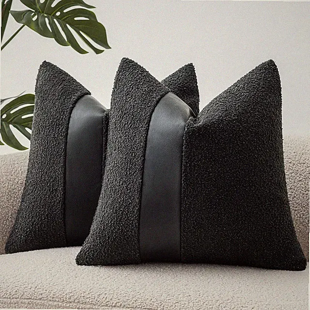 18"x18" Charcoal Black Boucle Throw Pillow Covers with Faux Leather Accents S...