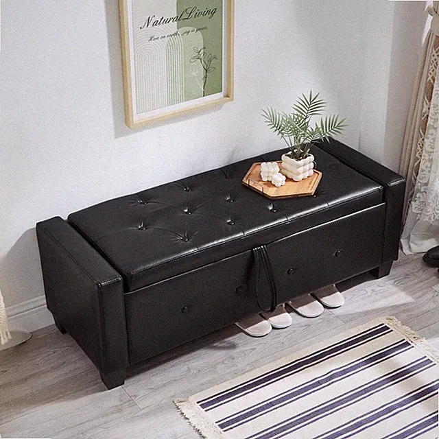 48-inch Storage Stool W Storage Function Faux Leather Quilted Upholstered Stool
