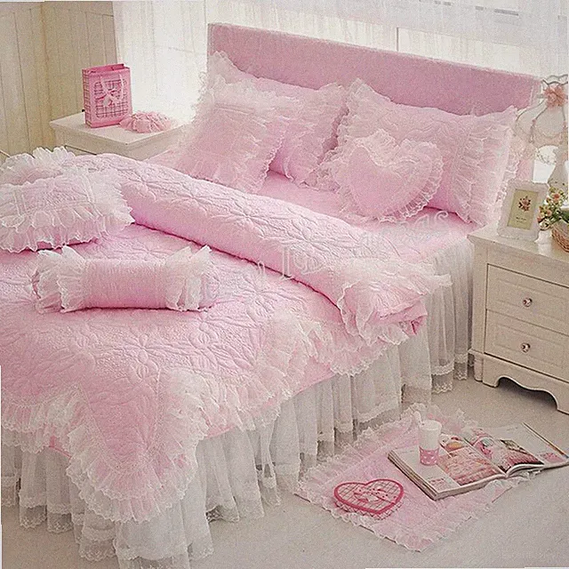 Bedding Set 4pc Princess Style Duvet Cover Bed Skirt Lace Pillowcases Wedding Sz