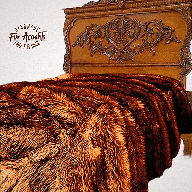 Faux Fur Bedspread Throw Blanket, Red Brown Wolf Fur, Minky Lining Handmade USA