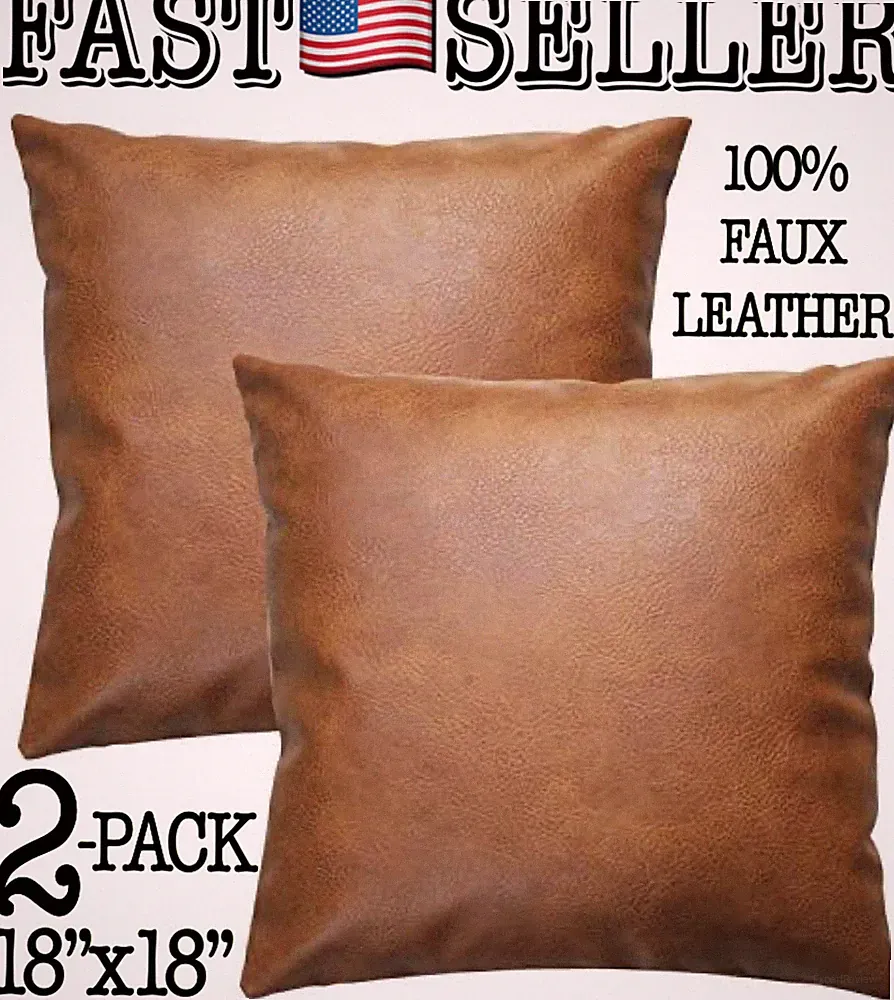 Faux Leather 18”x18” Pillow Covers Luxury Soft Thick Zip Brown Pillowcases 2Pack