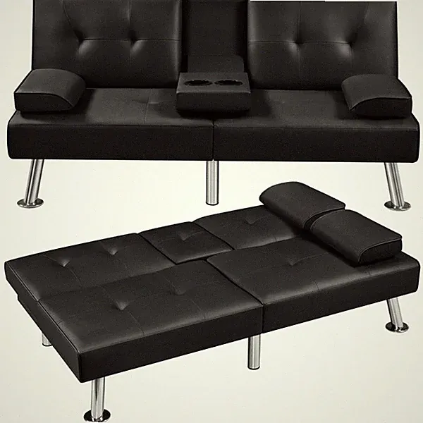 Faux Leather Sofa Bed Convertible Futon Sofa with 2 Throw Pillows Cup Holders