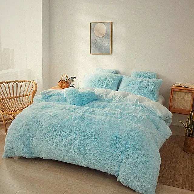 Fluffy Blue Comforter Cover Set Queen - Ultra Soft Plush Blue Bedding Sets 3...