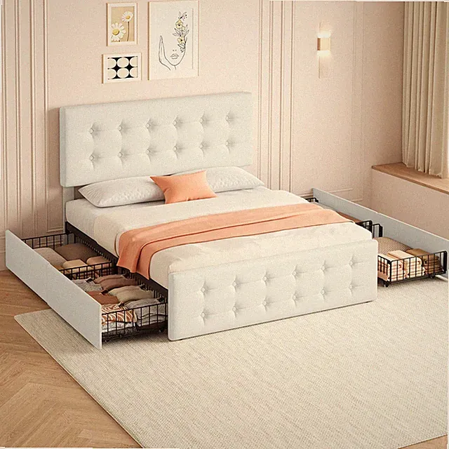✅Full Bed Frame with 4 Storage Drawers and Headboard Faux Leather Upholstered