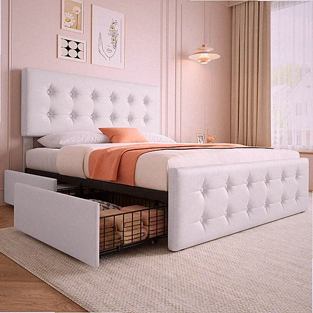 Full Size Bed Frame Platform and Upholstered Headboard with 4 Storage Drawers