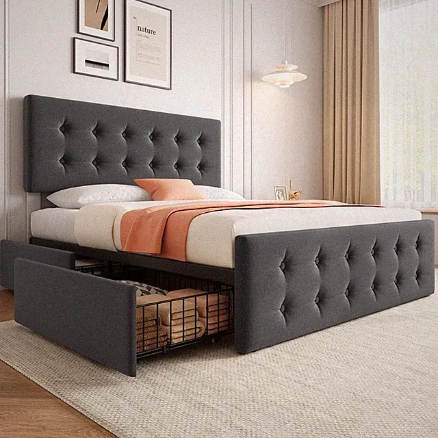 🎱✅Full Size Bed Frame with 4 Storage Drawers and Headboard Upholstered Platform