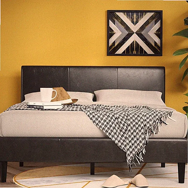 Jade Queen Faux Leather Platform Bed Frame with Wood Slat Support, Easy Assembly