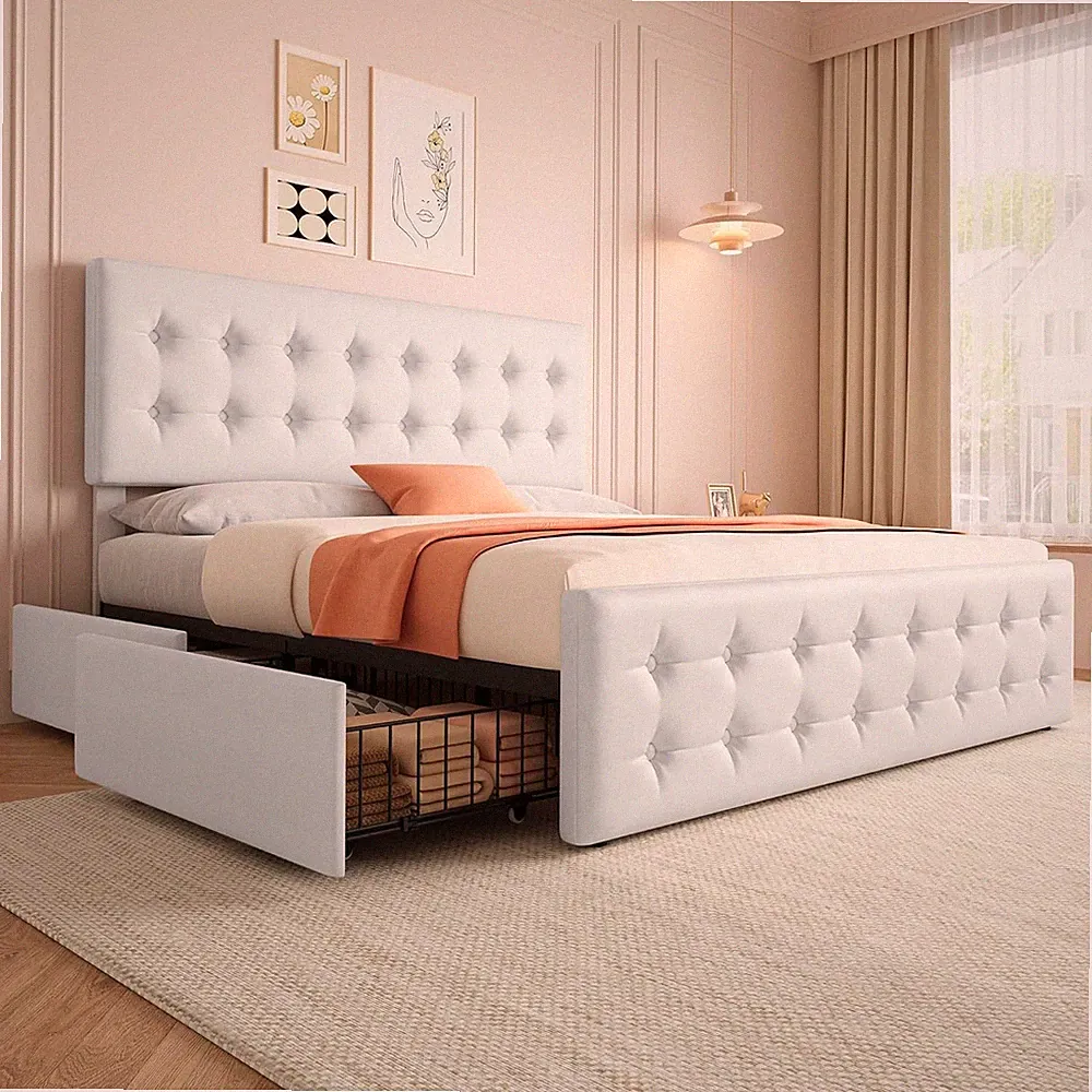 King Size Faux Leather Bed Frame with 4 Storage Drawers and Tufted Headboard