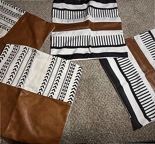 Modern Geometric Cotton Faux Leather Pillow Shams Set (4) Brown Black White Sq