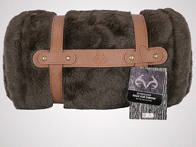 Mossy Oak Oversized 50 x 70 Brown Faux Fur Throw Blanket Leather Carrying Strap