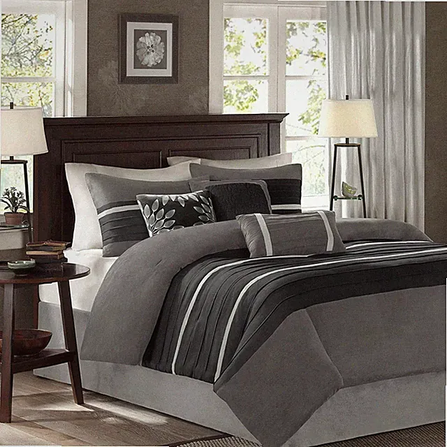 Palmer 7-Piece Queen Comforter Set - Faux Suede, Striped Accent, Black