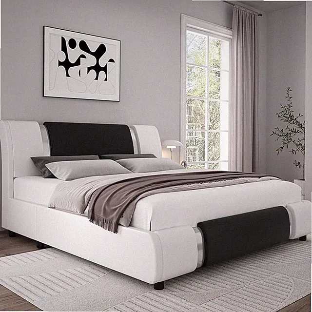 Queen Faux Leather Platform Bed with Curved Headboard, White/Black