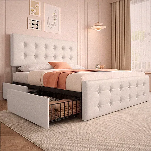 Queen Size Bed Frame with 4 Storage Drawers and Headboard, Faux Leather Upholste