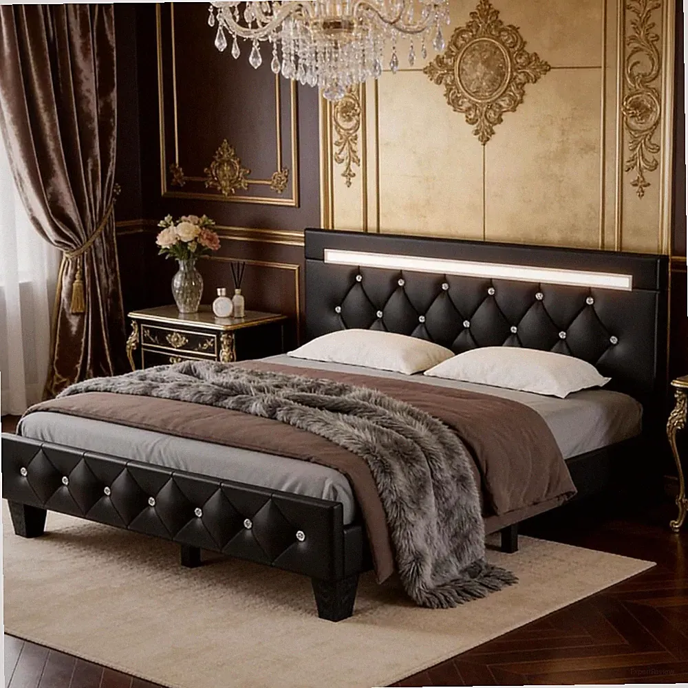 Queen Size LED Bed Frame Faux Leather Crystal Tufted Adjustable Headboard