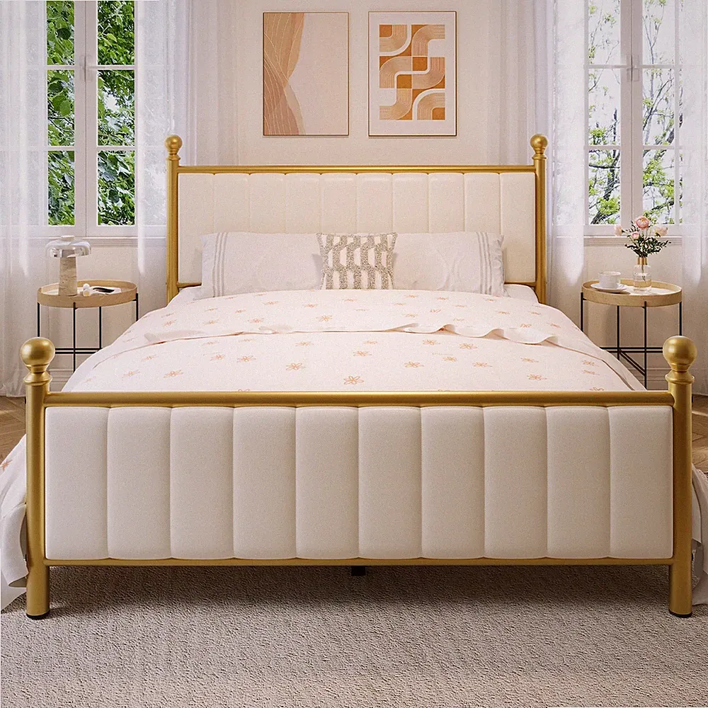 Queen Size Metal Bed Frame Faux Leather Upholstered Beds with Headboard