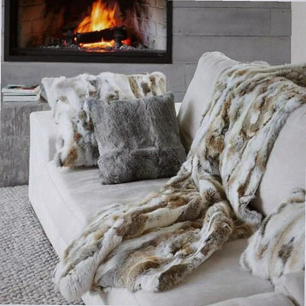 Real Rabbit Fur Throw Patchwork Blanket Winter Soft Warm Leather 43.3" X 21.6"