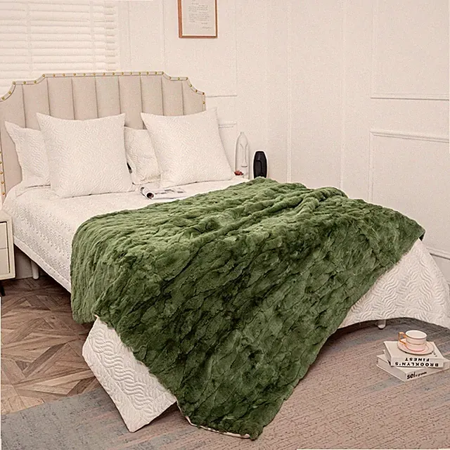 Real Rex Rabbit Fur Luxury Olive Green Throw Blanket Leather Bedspread 78''x55''