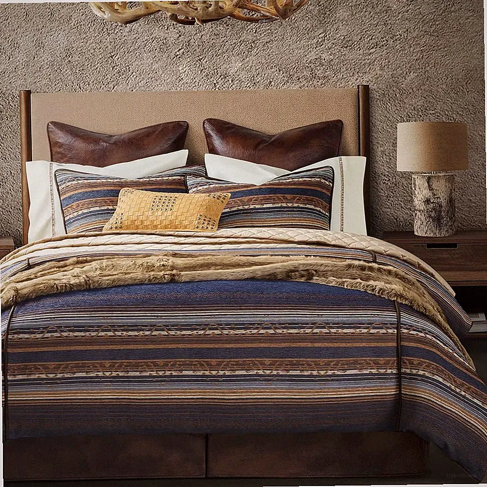 Rustic Blue Striped King Duvet Cover Set with Faux Leather & Pillow Shams