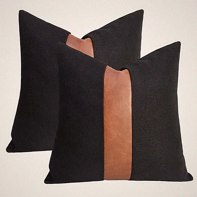 Set of 2 Black Linen Patchwork Faux Leather Throw Pillow Covers for Couch Liv...