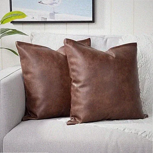 Set of 2 Faux Leather Decorative Throw Pillow 14" x 14" (Pack of 2) Dark Brown