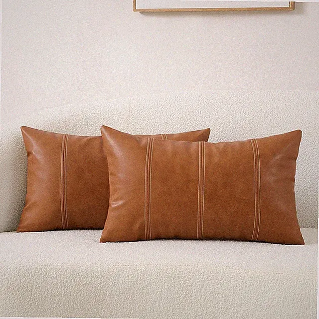 Set of 2 Faux Leather Lumbar Decorative Throw Pillow Covers 12x20 Cognac Brow...