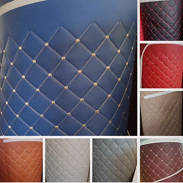 Sponge Quilted Faux Leather Fabric Embroidered Car Interior Material Craft 100CM