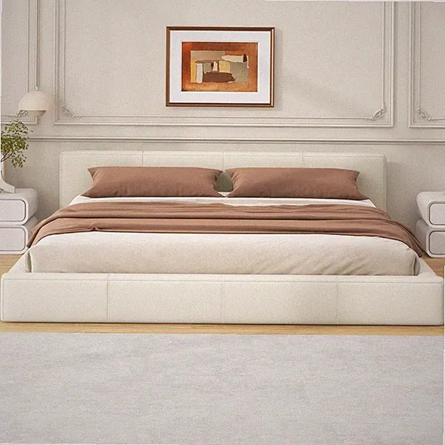 Stylish Beige Faux Leather Upholstered King Bed Engineered Hardwood Frame